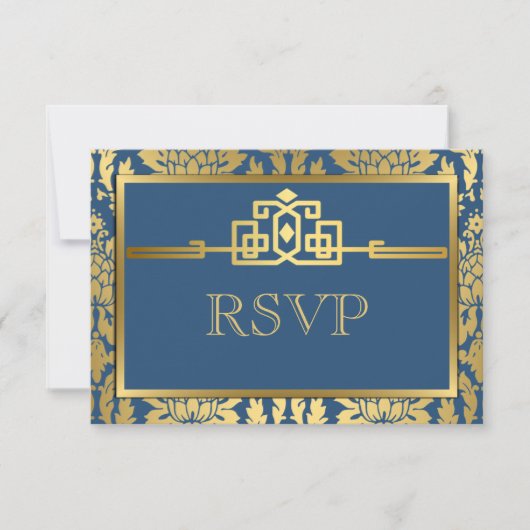 Gouden Romance Art Deco RSVP-kaart V2 | BLAUWGROEN RSVP Kaartje (Voorkant)