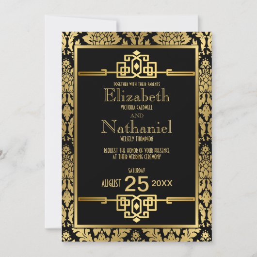 Gouden Romance jaren '20 Art Deco bruiloft uitnodi Kaart (Voorkant)