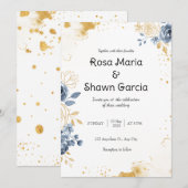 Gouden Romantische Bloemen Huwelijksuitnodiging Kaart (Voorkant / Achterkant)