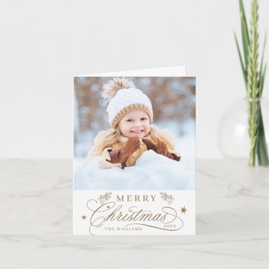 Gouden Romantische Kalligrafie Kerstfoto Gevouwen Feestdagen Kaart (Voorkant)