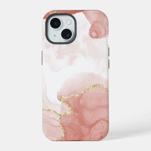 Gouden Rood Aquarel Marmerpatroon iPhone 15 Case (Achterkant)