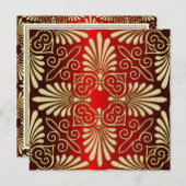 Gouden Rood Art Deco Damask bruiloft uitnodiging (Voorkant / Achterkant)