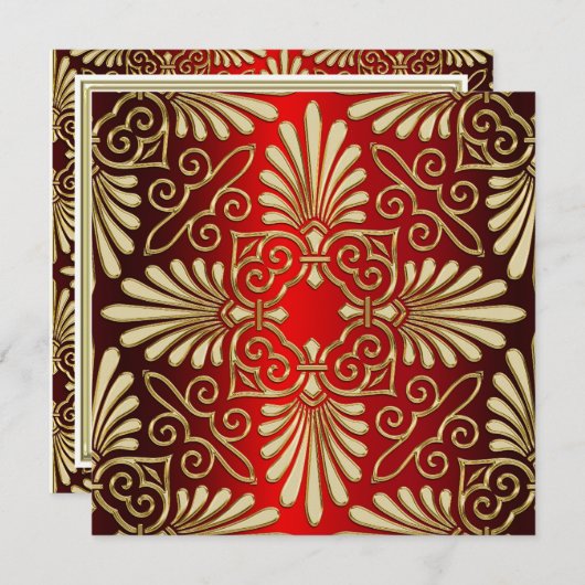 Gouden Rood Art Deco Damask bruiloft uitnodiging (Voorkant / Achterkant)