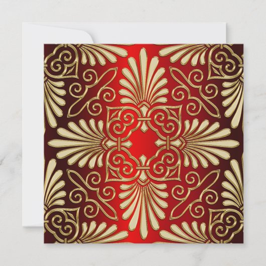 Gouden Rood Art Deco Damask bruiloft uitnodiging (Voorkant)