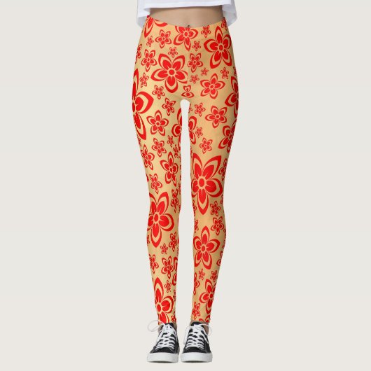 Gouden Rood bloemenkunst Leggings (Voorkant)
