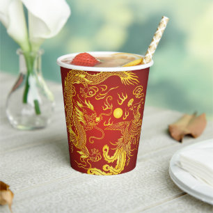 Gouden Rood Draak Phoenix Chinees Huwelijksgunstbe Papieren Bekers