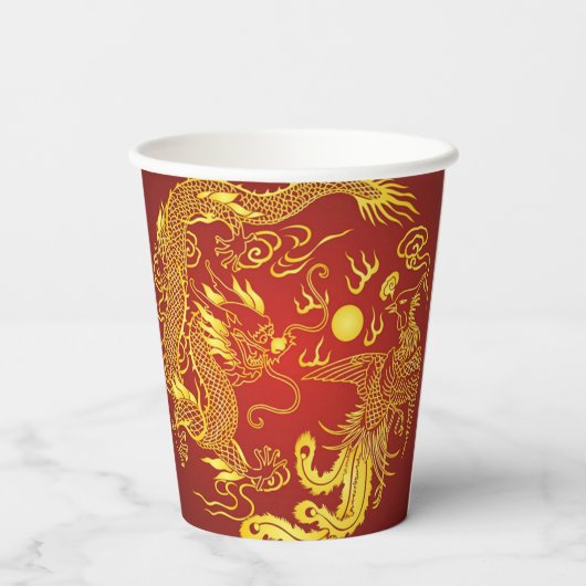 Gouden Rood Draak Phoenix Chinees Huwelijksgunstbe Papieren Bekers (Achterkant)
