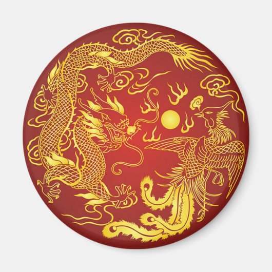 Gouden Rood Draak Phoenix Chinees Trouwcadeau Magneet (Voorkant)