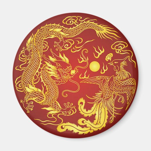 Gouden Rood Draak Phoenix Chinees Trouwgeschenk Magneet (Voorkant)