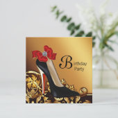 Gouden Rood Zwarte Hoge Hak Schoen Verjaardagsfees Kaart (Staand voorkant)