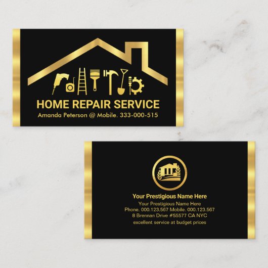 Gouden Rooftop Handyman Gereedschap Strepen Visitekaartje (Voorkant / Achterkant)