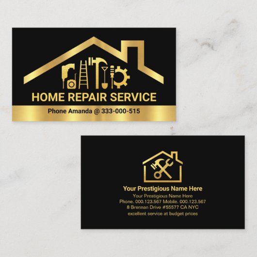 Gouden Rooftop Handyman Gereedschap Visitekaartje (Voorkant / Achterkant)