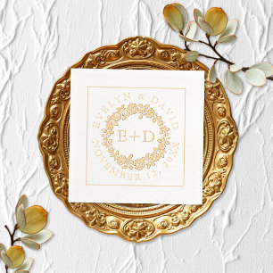 gouden roos bloemenkrans initialen bruiloft folie servetten