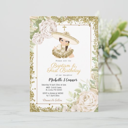 Gouden Roos Charra Meisje Verjaardag en Doop Kaart (Staand voorkant)