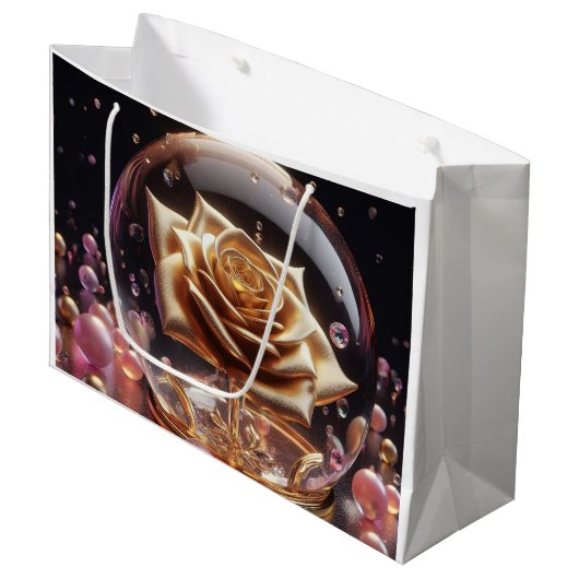 Gouden roos in een wereldbol groot cadeauzakje (Voorkant Gekanteld)