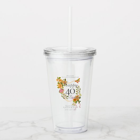 Gouden Roos Lint 40e Verjaardag Acryl Drinkbeker (Voorkant)