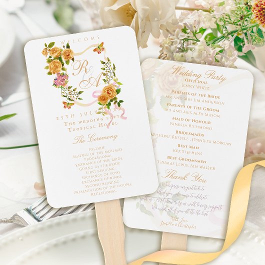 Gouden Roos Lint Monogram Huwelijk Handwaaier
