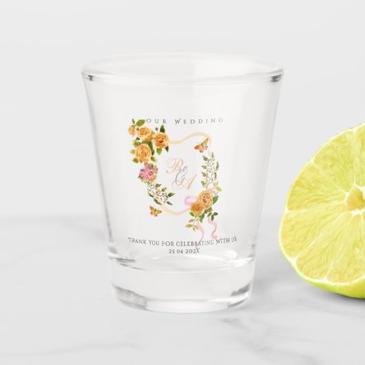 Gouden Roos Lint Monogram Huwelijk Shot Glas (Voorkant)