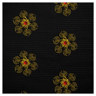 GOUDEN ROOS MET ROOD RUBY Zwart Patroon Stof