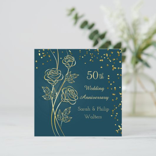 Gouden roos op blauwgroen, confetti 50ste verjaard kaart (Staand voorkant)