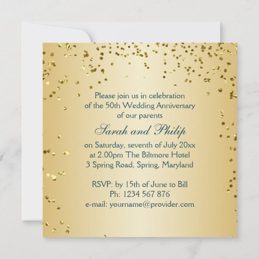 Gouden roos op blauwgroen, confetti 50ste verjaard kaart (Achterkant)