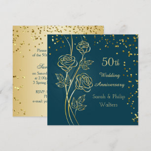 Gouden roos op blauwgroen, confetti 50ste verjaard kaart