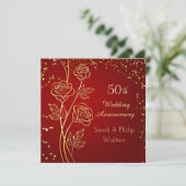 Gouden roos op rood, confetti 50ste verjaardag kaart (Staand voorkant)