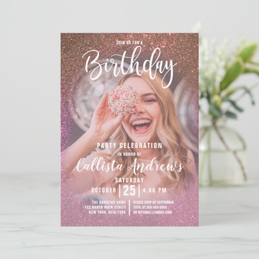 Gouden Roos Roze Drievoudige Glitter Ombre Foto Ve Kaart (Staand voorkant)