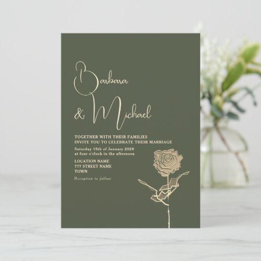 Gouden Roos Sage Green Elegant Huwelijk Kaart (Staand voorkant)