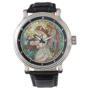 Gouden Roos Stralende Glas-in-Lood Engel Wand Horloge
