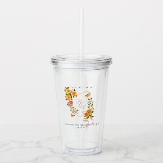 Gouden Rooslint Monogram Bruiloft Acryl Drinkbeker (Voorkant)