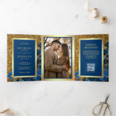 Gouden Royal Blauw Marmer Foto QR Code Bruiloft Drieluik Uitnodiging (Binnen)