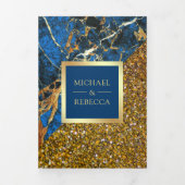 Gouden Royal Blauw Marmer Foto QR Code Bruiloft Drieluik Uitnodiging (Cover)
