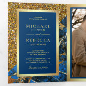 Gouden Royal Blauw Marmer Foto QR Code Bruiloft Drieluik Uitnodiging (Binnenzijde eerst)