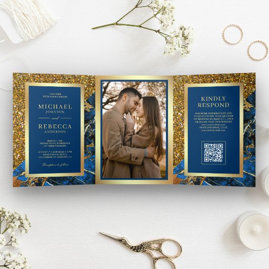 Gouden Royal Blauw Marmer Foto QR Code Bruiloft Drieluik Uitnodiging
