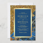Gouden Royal Blauw Marmer QR Code Trouwkaart Kaart (Voorkant)