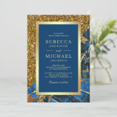 Gouden Royal Blauw Marmer QR Code Trouwkaart Kaart (Staand voorkant)