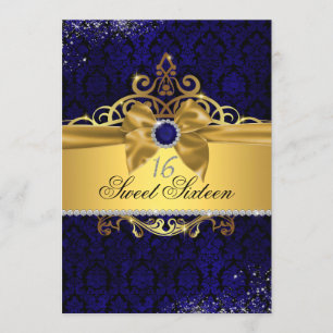Gouden Royal Blue Damast Sweet Sixteen Uitnodiging