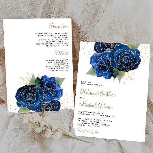 Gouden Royal Blue Floral Alles in één bruiloft Kaart