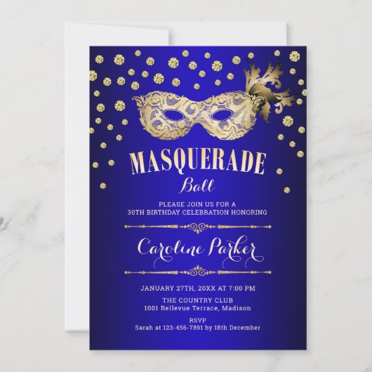 Gouden Royal Blue Masquerade Ball Verjaardagsfeest Kaart (Voorkant)