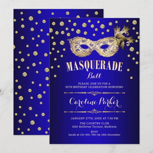 Gouden Royal Blue Masquerade Ball Verjaardagsfeest Kaart (Voorkant / Achterkant)