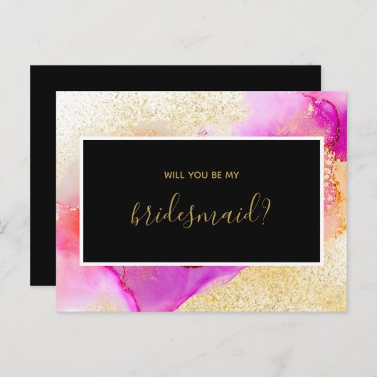 Gouden Roze Abstracte Waterverf Be My Bridesmaid Uitnodiging Briefkaart (Voorkant / Achterkant)