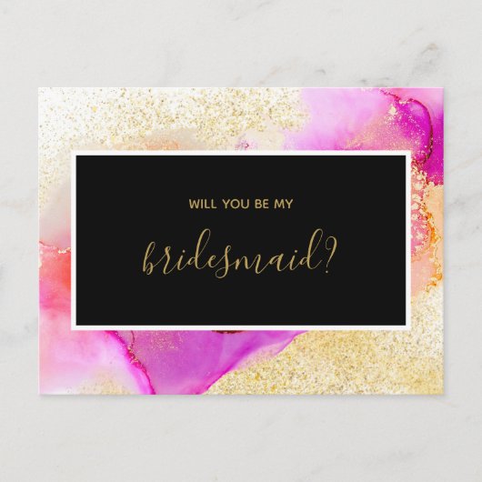 Gouden Roze Abstracte Waterverf Be My Bridesmaid Uitnodiging Briefkaart (Voorkant)