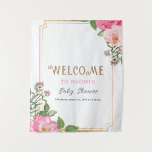 Gouden Roze Bloem Meisje Baby Shower Lijstje Wandkleed