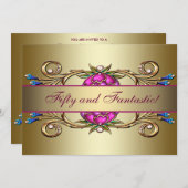 Gouden Roze Bloem Vrouwen 50ste Verjaardagsfeest Kaart (Voorkant / Achterkant)