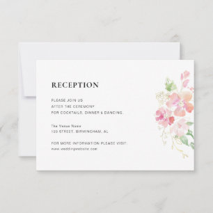 Gouden & Roze Bloemen bruiloft receptie kaart