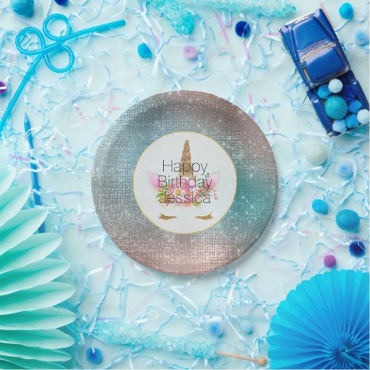 Gouden Roze Bloemen Eenhoorn Verjaardag Papieren Bordje (Feest)