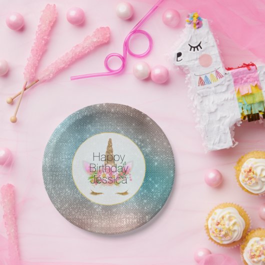 Gouden Roze Bloemen Eenhoorn Verjaardag Papieren Bordje (Feest)