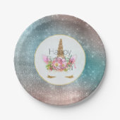 Gouden Roze Bloemen Eenhoorn Verjaardag Papieren Bordje (Voorkant)