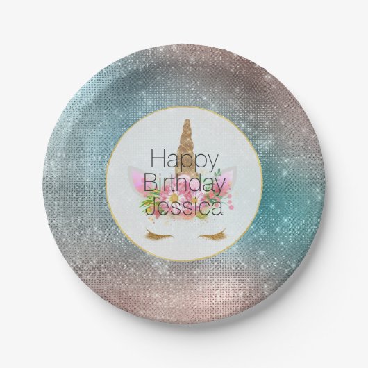 Gouden Roze Bloemen Eenhoorn Verjaardag Papieren Bordje (Voorkant)